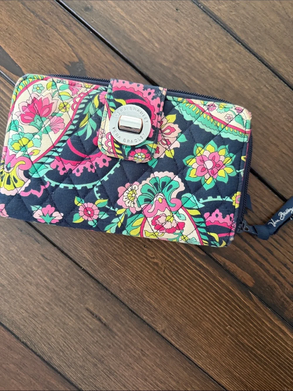 Vera Bradley Navy Floral Quilted Zip-Around Wallet with Turn Lock